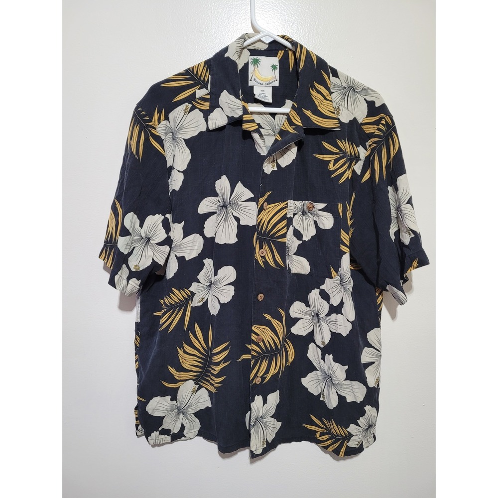 Banana Cabana Shirt Mens Large‎ Navy Blue Silk Tropical Hibiscus Floral